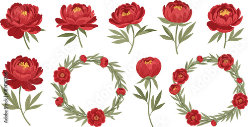 Collection of vibrant red peonies and floral wreaths showcasing delicate petals and lush green leaves perfect for romantic and celebratory designs