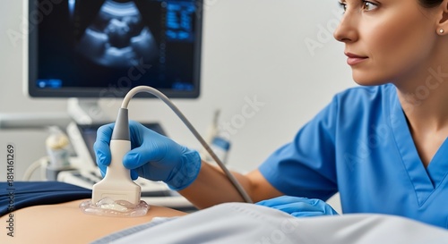Female medical professional performing an abdominal ultrasound examination on a patient in a hospital.