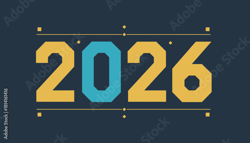 Futuristic Digital Display of the Year 2026 in Gold and Teal Colors