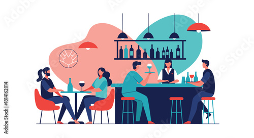 People enjoying drinks and socializing in a vibrant bar or restaurant setting with a bartender serving at the counter.