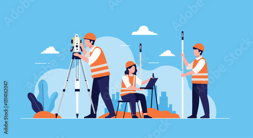 Land surveyors in safety gear performing measurements and using specialized equipment for construction site mapping and engineering projects.