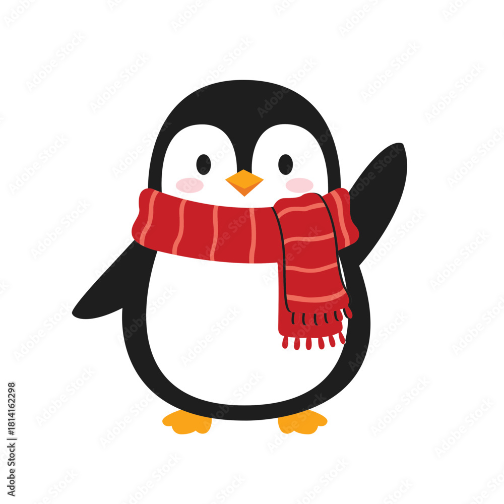 Obraz premium Cartoon penguin wearing a red striped scarf waving with a cheerful expression