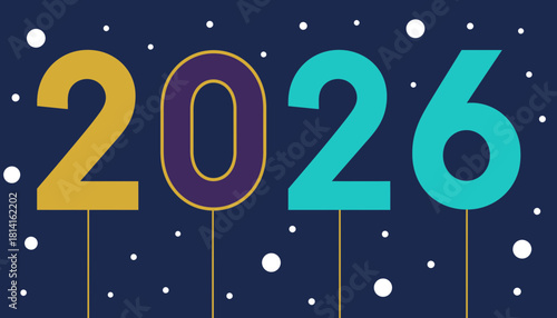 Festive Modern Graphic Displaying the Year 2026 Against a Snowy Night Sky