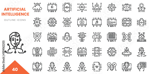 A collection of 40 outline icons representing artificial intelligence concepts and elements.