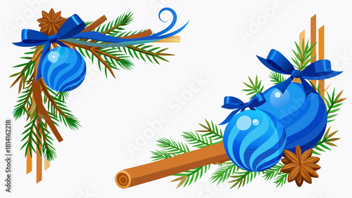 Christmas decoration corner elements with blue ornaments and pine branches