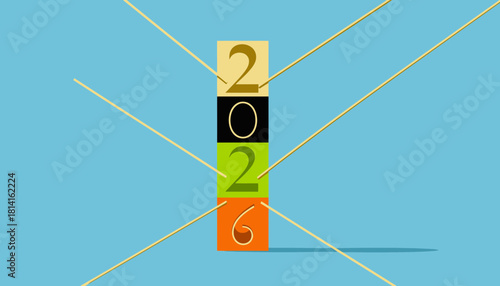 Stack of Colorful Blocks Showing the Year 2026 with Dynamic Lines