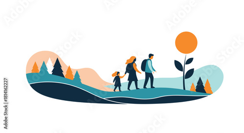 Happy family of three hiking together through a scenic natural landscape with trees hills and a vibrant sun.