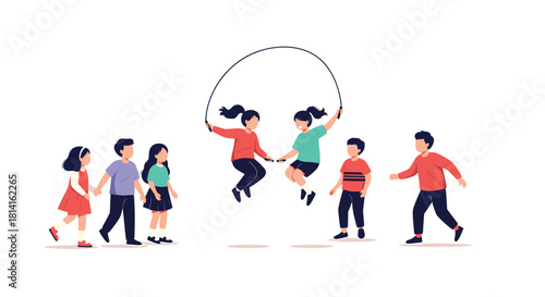 Happy group of diverse children playing and having fun together outdoors with girls enthusiastically skipping rope.