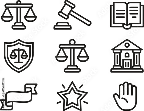 Law & Justice Icon Set – Scale, Gavel, Legal Book, Courthouse, Ribbon, Star, Stop Hand, Line Art Vector Illustration