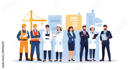 Diverse group of professionals including construction workers doctors and business people standing together representing various industries.