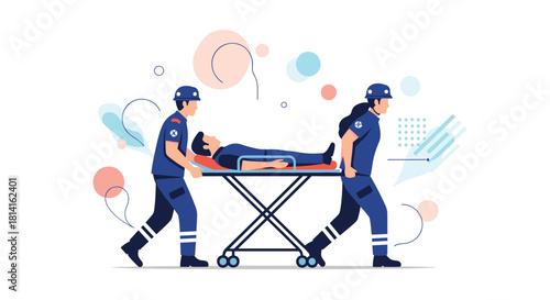 Emergency medical team or paramedics swiftly transporting an injured patient on a stretcher for urgent care and treatment.