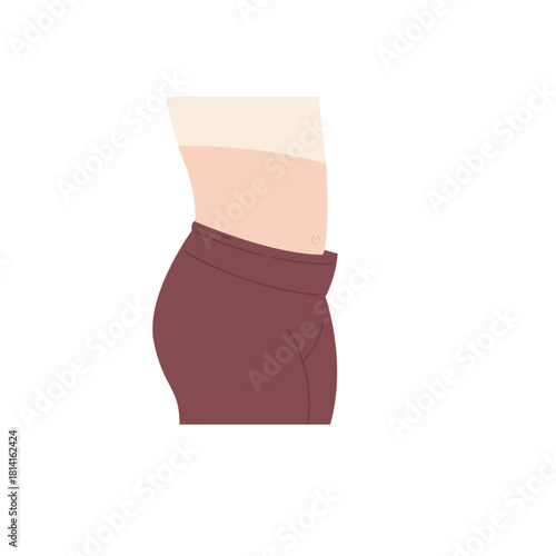 Torso in maroon leggings, side view, showing waistline and skin tone
