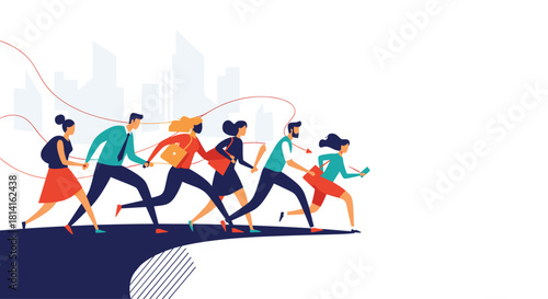 Diverse group of people holding hands and running forward collectively symbolizing progress teamwork and moving towards future goals.