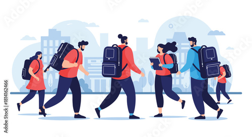 Group of diverse students with large backpacks walking through an urban environment heading to or from school or university.
