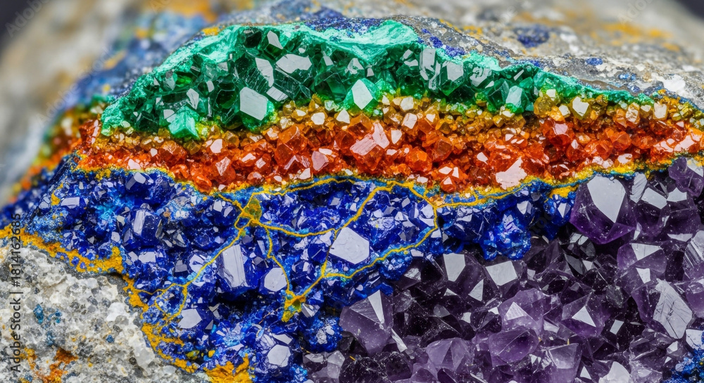 Obraz premium Stunning close-up of colorful crystal formations in vibrant shades of green, orange, blue, and purple creating a unique mineral rainbow pattern