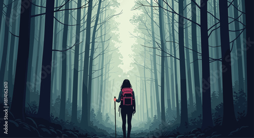 Solitary female hiker with a backpack and trekking poles venturing into a dense and mysterious forest under a misty light.