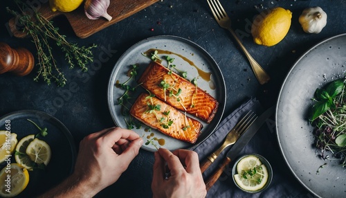 Foto Delicious Pan-Seared Salmon Fillets Garnished with Microgreens