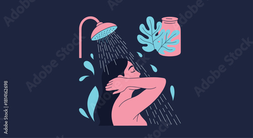 Woman taking a refreshing shower with water streaming down, surrounded by abstract elements symbolizing natural personal care.