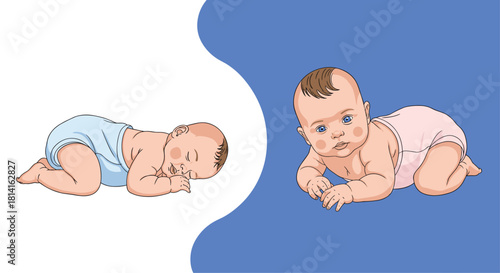 Adorable sleeping baby in blue and an awake crawling baby in pink depicting different stages of infant development and activity.