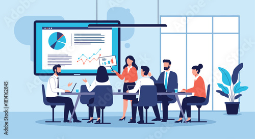 Businesswoman leading a presentation in a modern office meeting room sharing financial data and market insights with her team.