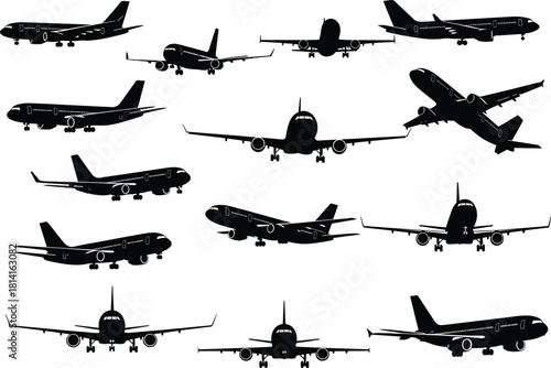 Commercial airplane silhouette vector set showing multiple aircraft orientations, front, side, rear views for aviation design, education, and editorial use.