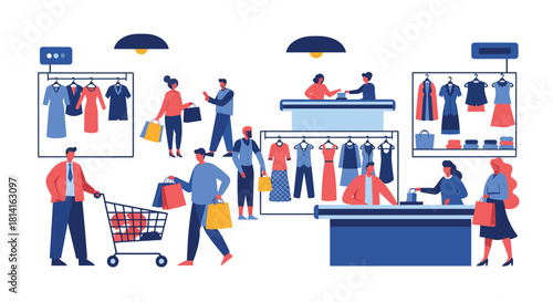 Busy clothing store or department with diverse customers actively shopping browsing apparel and making purchases at checkout counters.