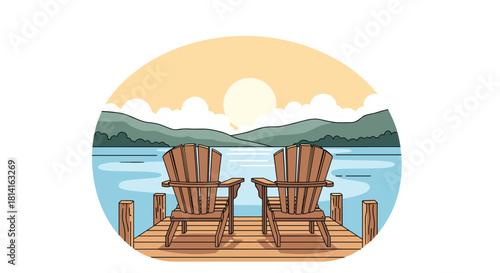 Two rustic wooden Adirondack chairs placed on a tranquil dock overlooking a calm lake surrounded by serene mountains and a beautiful sunset.