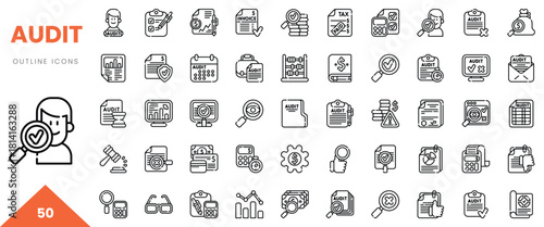 Vector outline icons depicting various aspects of audit processes and tools.