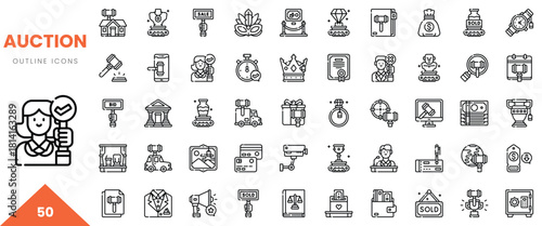 Vector outline icons for auction themes, featuring gavel, house, and money elements.