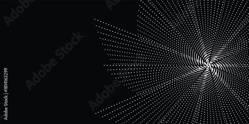 Halftone circular dotted frame set. Isolated circle dot texture on black background. Speckled spray texture. Vector abstract design elements, spiral circles, sound waves, circle vector dots.