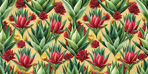 Vibrant floral pattern featuring red and yellow flowers against a warm yellow background.