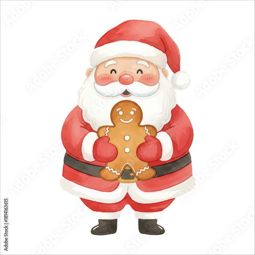 Santa Claus holding a giant gingerbread man, watercolor illustration isolated on black background
