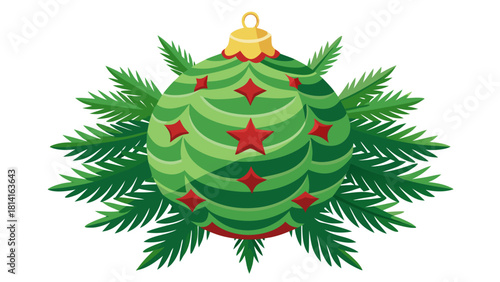 Green christmas ornament with red stars and pine needles