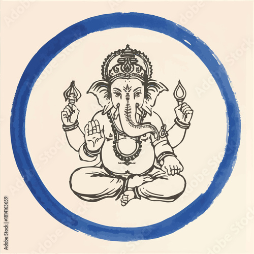 Ink painting of Lord Ganesha sitting in a meditative pose with a blue enso circle around him. Traditional Japanese ink wash painting sumi-e. 
