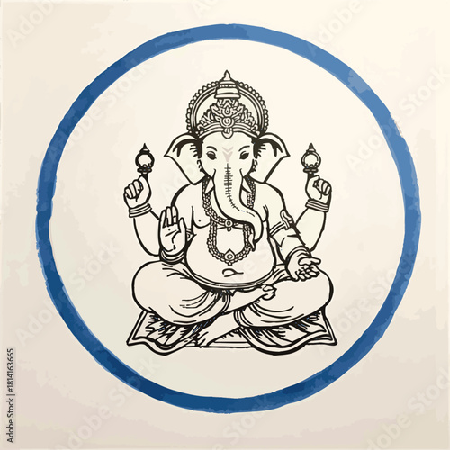 Ink painting of Lord Ganesha sitting in a meditative pose with a blue enso circle around him. Traditional Japanese ink wash painting sumi-e. 