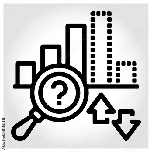 Data analysis uncertainty search icon with trend arrows chart isolated on white background, Vector