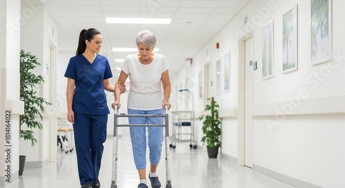 Caring female nurse or caregiver helping a senior woman walk with a walker down a bright hospital hallway.