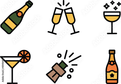 Celebration Drinks Icon Set – Champagne Bottle, Toasting Glasses, Cocktail, Sparkling Drink, Minimal Party Beverage Vector