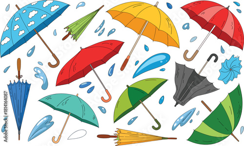 Assorted colorful umbrellas and water splashes illustration