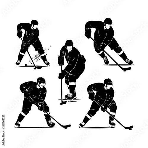 Ice hockey player logo icon vector. Hockey stick and puck logo set silhouettes vector on a white background
