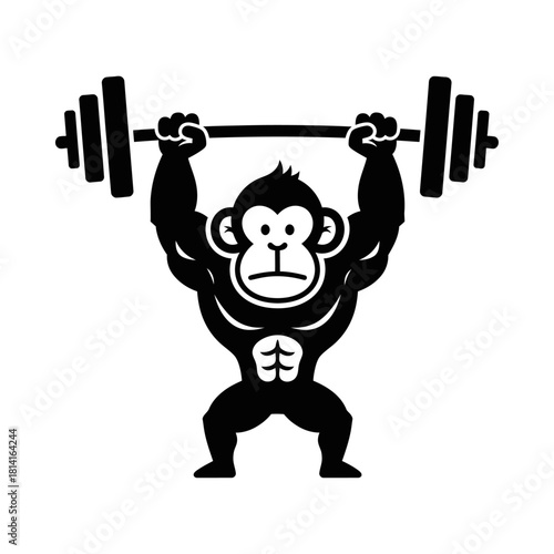 Strong monkey weightlifter lifting barbell overhead vector silhouette, funny bodybuilder ape gym mascot logo, fitness training animal character, muscular chimp workout icon isolated on white backgroun