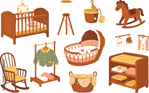 Baby nursery furniture and toys illustration baby crib