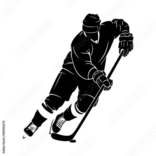 Ice hockey player logo icon vector. Hockey stick and puck logo set silhouettes vector on a white background