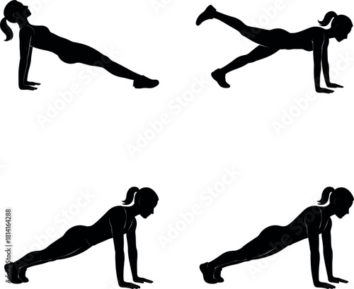 Woman doing plank pose silhouette Four black silhouette poses of a woman performing plank exercises on a white background