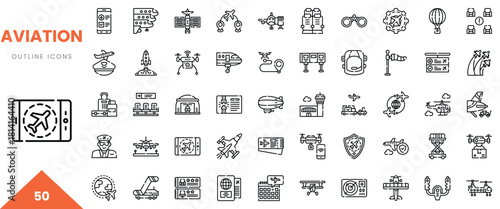 A collection of 50 aviation-themed outline icons featuring various air travel concepts.