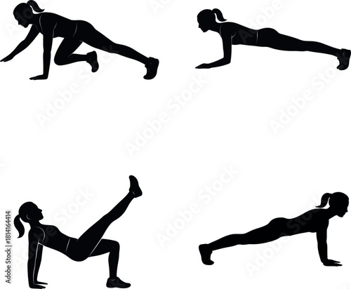Woman doing plank pose silhouette Four black silhouette female figures performing different fitness exercises on white background