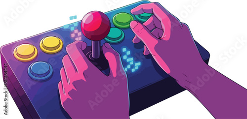 Hands playing on an arcade game controller with joystick and buttons.