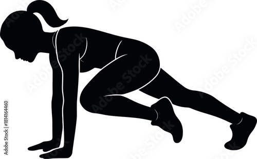 Woman doing plank pose silhouette Black silhouette of a woman performing a mountain climber exercise on a white background