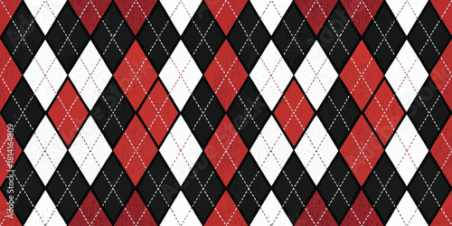 Vibrant red, black, and white diamond pattern creating a striking geometric design.