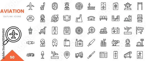 A collection of aviation-themed outline icons, showcasing various elements of air travel.